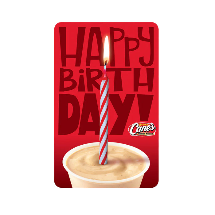 Happy Birthday gift card with a cup of Cane's Sauce and a candle on a red background