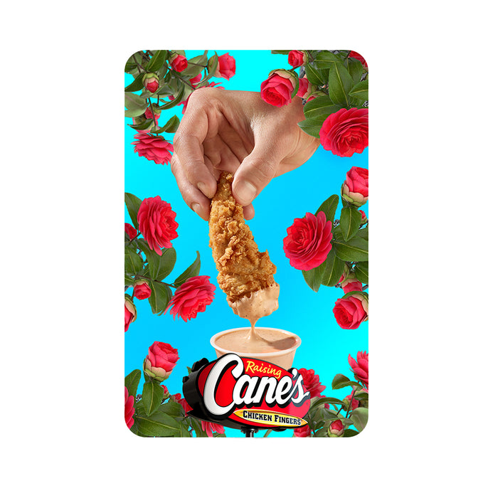 Gift card with hand dipping a chicken finger into Cane's Sauce, surrounded by flowers on a blue background.