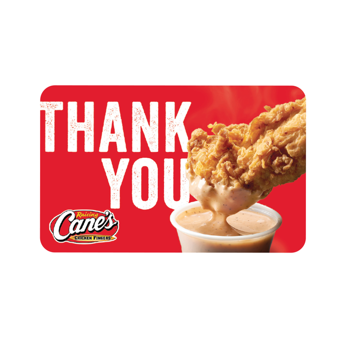 Red gift card with 'THANK YOU' text, chicken finger dipping into sauce, and the Raising Cane's logo