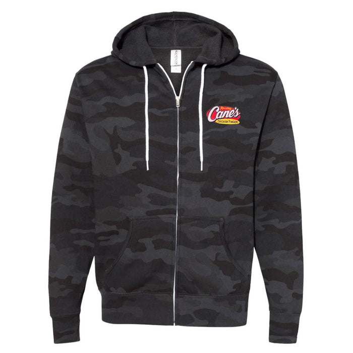Black camo zip up hooded sweatshirt with small Raising Cane's logo on the upper left side