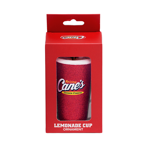 Lemonade cup ornament in red packaging a white background
