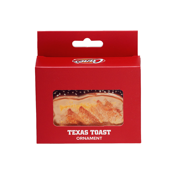 Texas toast ornament in red packaging on white background