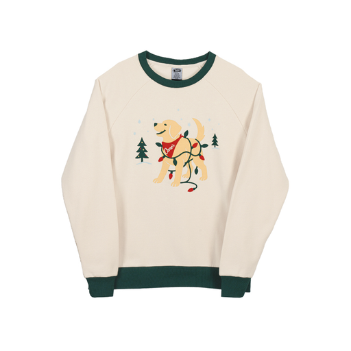 Beige sweatshirt with green trim and Cane holiday graphic on a white background