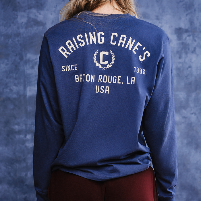 Back of Cane's Crest Long Sleeve Tee on model