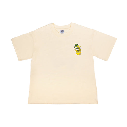 Beige t-shirt with a lemon graphic on a white background