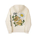 Beige hoodie with a graphic design featuring a turtle, flower, and text on a white background