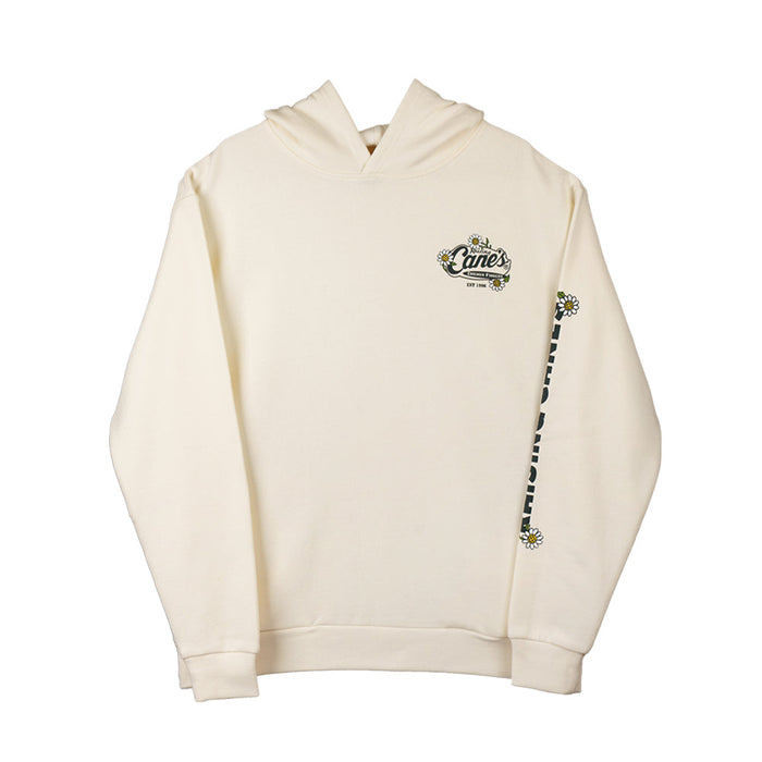 Beige hoodie with a logo on the chest and decorative elements on the sleeve against a white background