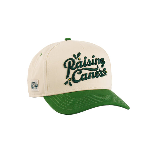 Beige and green cap with 'Raising Cane's' logo 