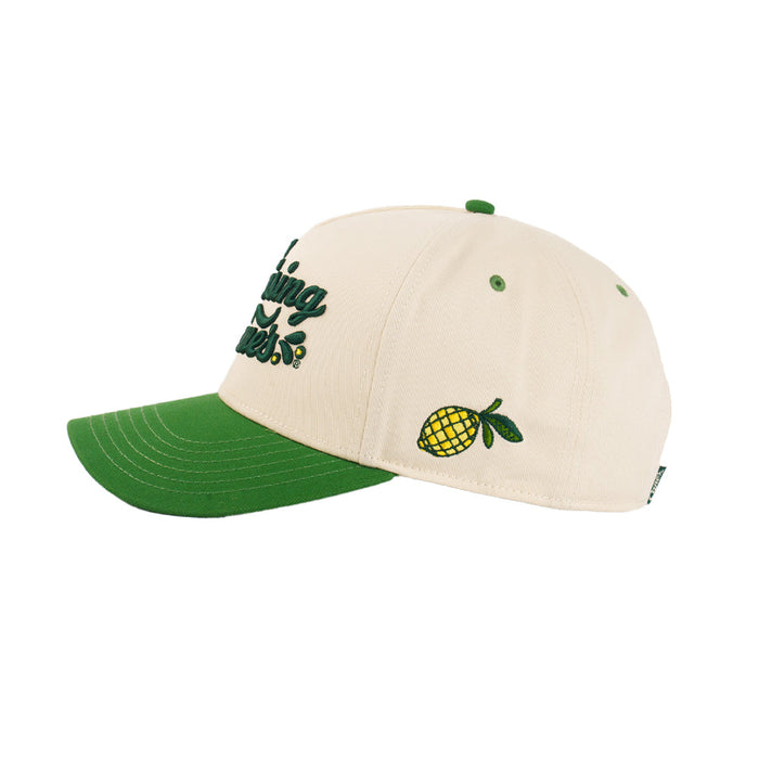 Beige and green cap with pineapple design on a white background
