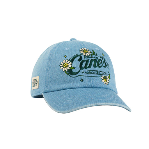 Light blue baseball cap with floral design and text on a white background