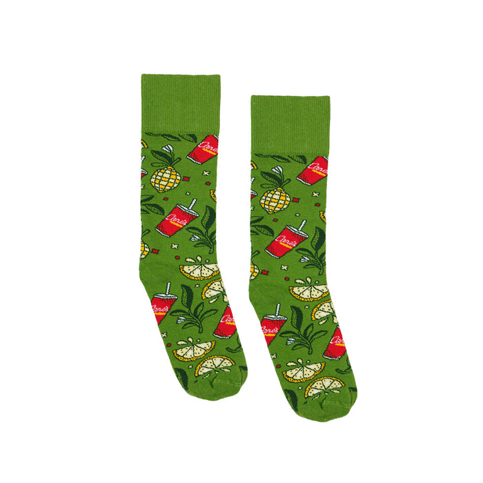 Cane’s Fresh Lemon Socks in green featuring a tropical fruit and drink pattern with soft, comfortable fabric