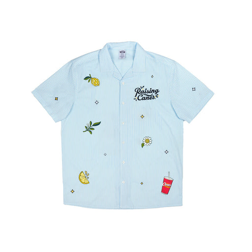 Cane’s Fresh Lemon Button-Down Shirt in light blue featuring embroidered lemon designs and a classic collar with button-front style.