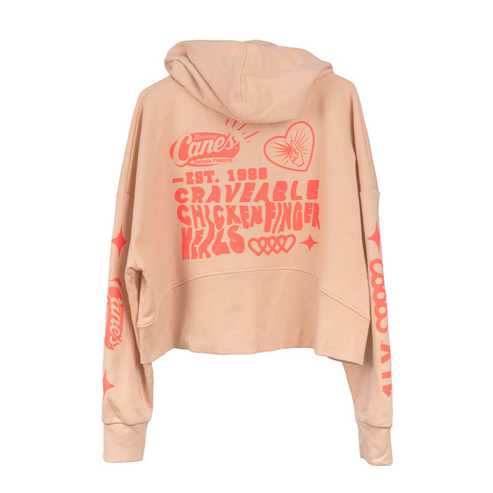 Back of light pink hoodie with Cane's logo and designs