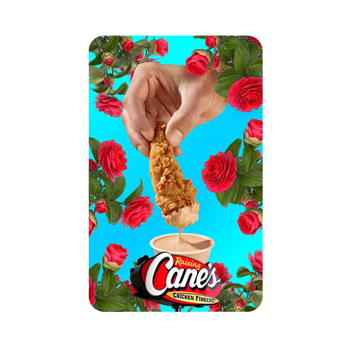 Gift card with hand dipping a chicken finger into Cane's Sauce, surrounded by flowers on a blue background.