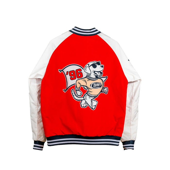 Back of Raising Cane's Varsity Raglan Jacket