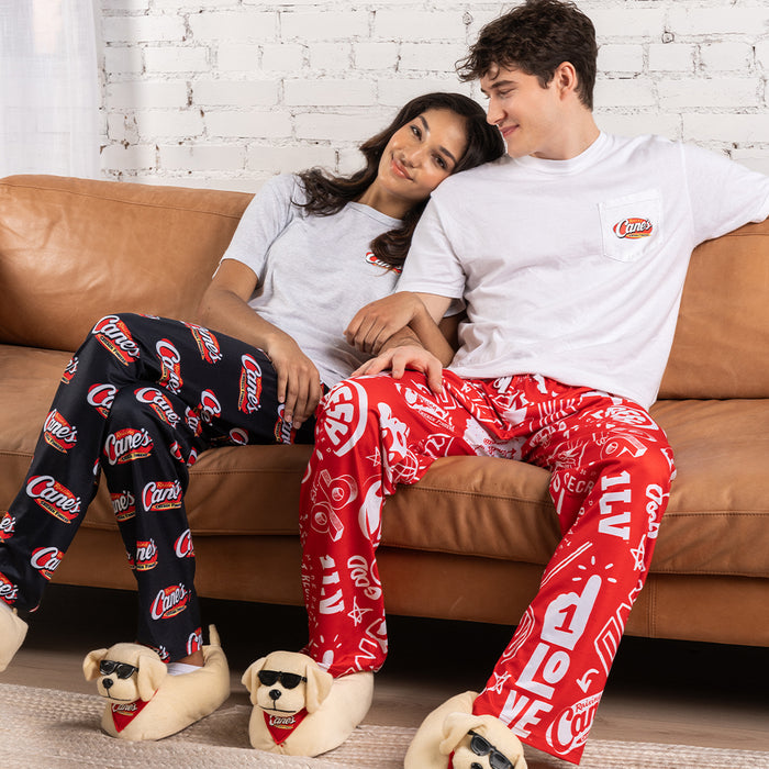 Raising Cane's Pajama Pants (left) and Raising Cane's Icons Pajama Pants (right) on Models