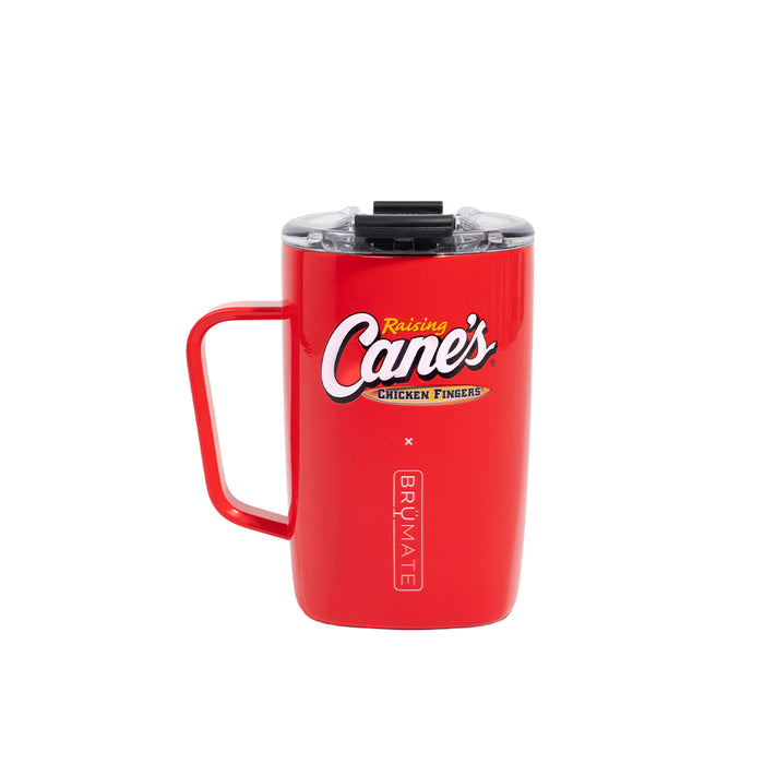 Red mug with Raising Cane's Chicken Fingers logo on a white background