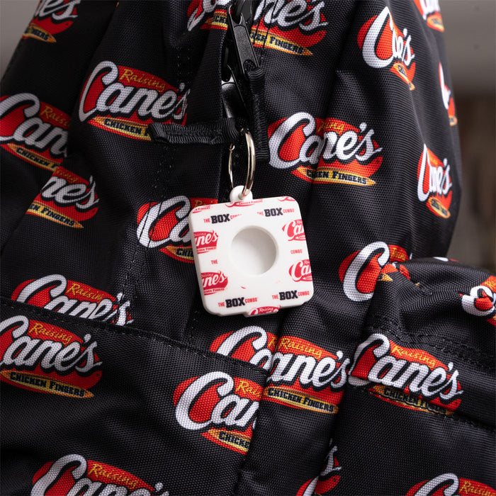 Back of Box Combo Key Tag Holder on black Raising Cane's backpack