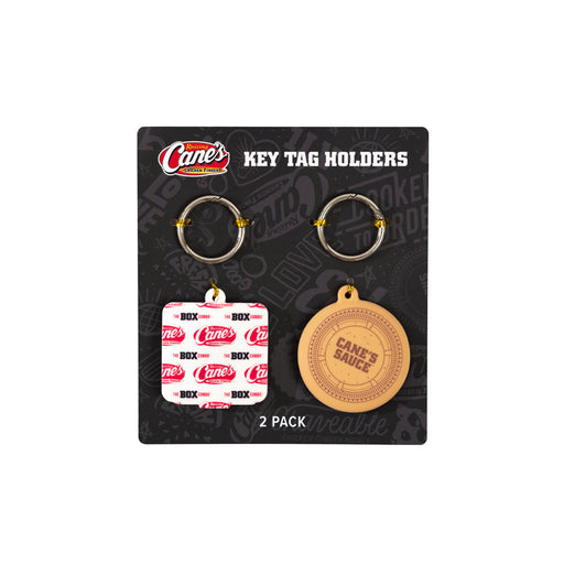 Cane's Key Tag Holders packaging with two key tags on a black background