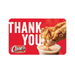 Red gift card with 'THANK YOU' text, chicken finger dipping into sauce, and the Raising Cane's logo