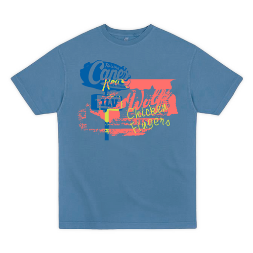 Blue t-shirt with Cane's logo and designs