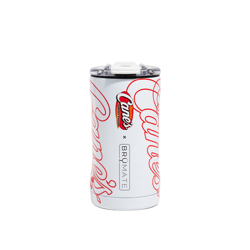 White tumbler with red text and Raising Cane's branding on a white background
