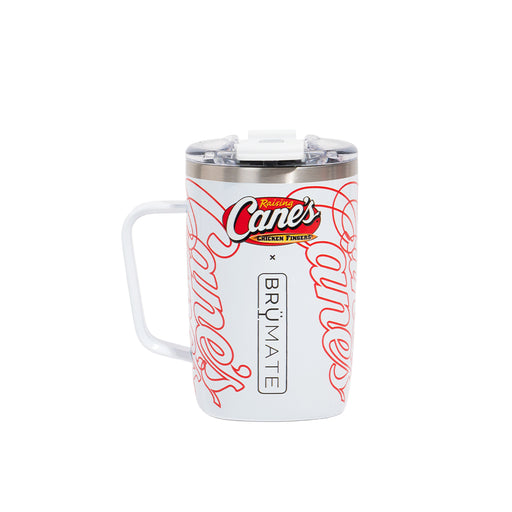 White travel mug with red and black text and Raising Cane's branding on a white background