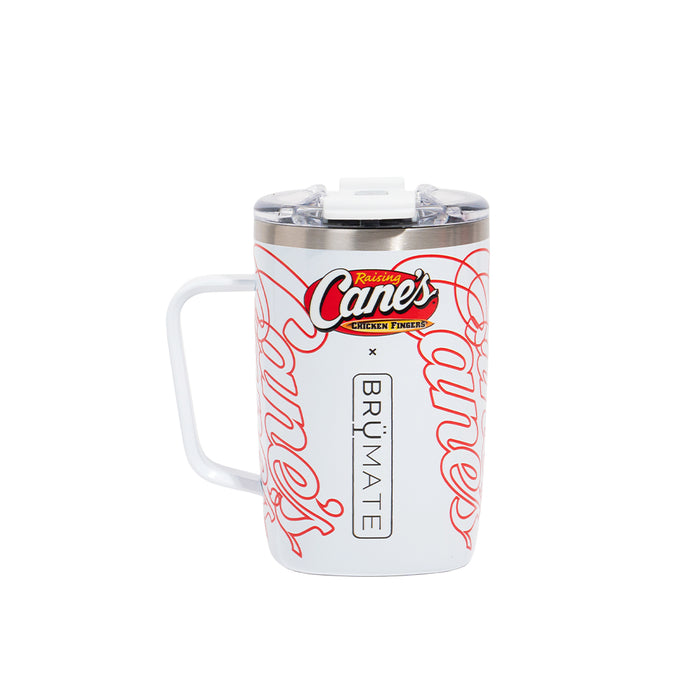 White travel mug with red and black text and Raising Cane's branding on a white background
