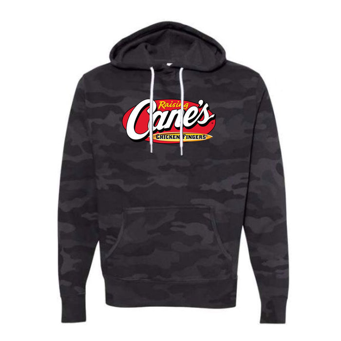 Black camo zip up hoodie with large Raising Cane's Logo on chest 