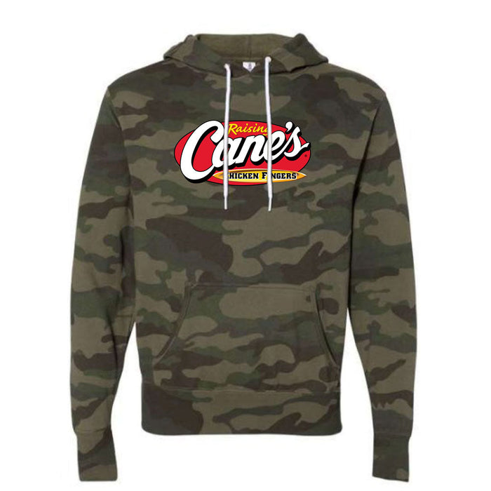 Forest camo zip up hoodie with large Raising Cane's Logo on chest 