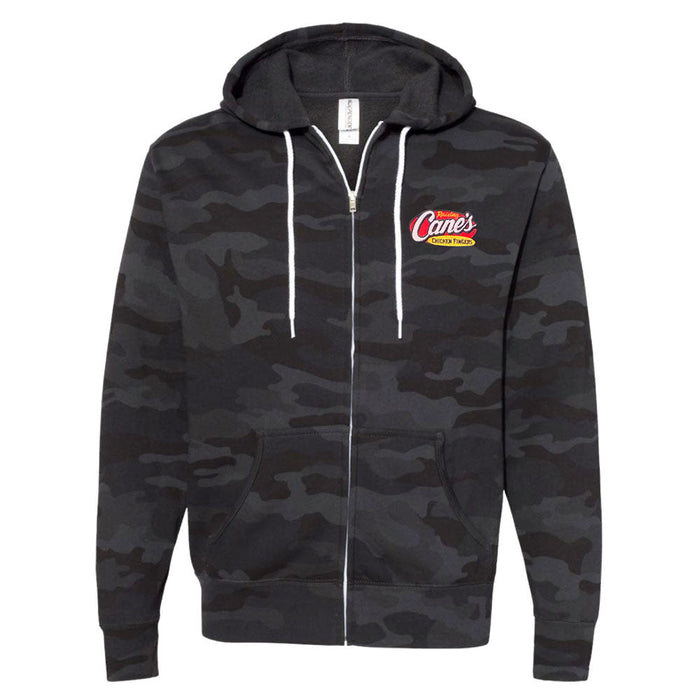 Black camo zip up hooded sweatshirt with small Raising Cane's logo on the upper left side   