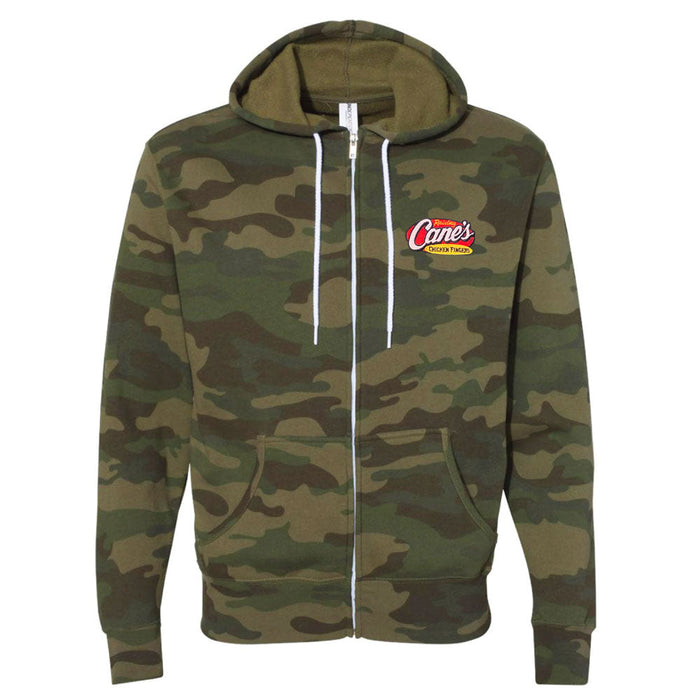 Forest camo zip up hooded sweatshirt with small Raising Cane's logo on the upper left side   