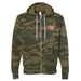 Forest camo zip up hooded sweatshirt with small Raising Cane's logo on the upper left side   