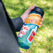 Lifestyle photo of toast, drink and takeout box stickers on a water bottle 