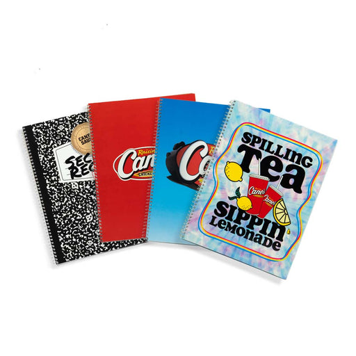 Spiral Notebook Set of 4 Front overlapped Spilling Tea and Sippin' Lemondade, Blue with Cane's Logo, Red with Cane's Logo and Secret Recipe versions
