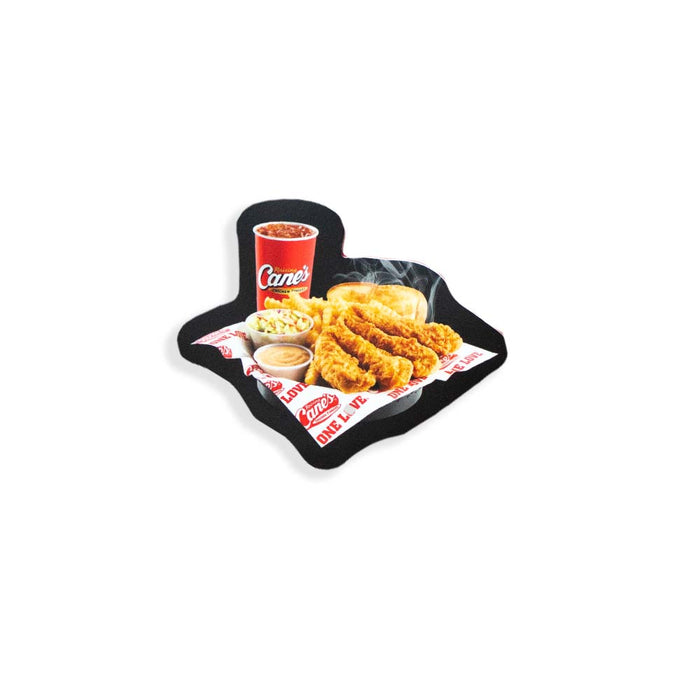 Steaming hot chicken fingers, toast, coleslaw , canes sauce and drink meal sticker 