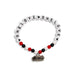 Beaded bracelet that says One love One Love with logo dangle charm