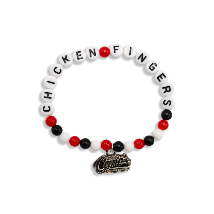Beaded bracelet that says Chicken Fingers with logo dangle charm