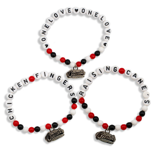Three red, white and black Raising Cane's beaded bracelets 