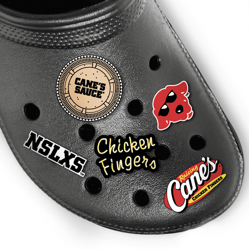 5 Shoe charms: Cane's Sauce charm, Cane's Dog with Sunglasses Charm, Chicken Fingers word Charm, Raising Cane's logo charm and NSLXS Charm